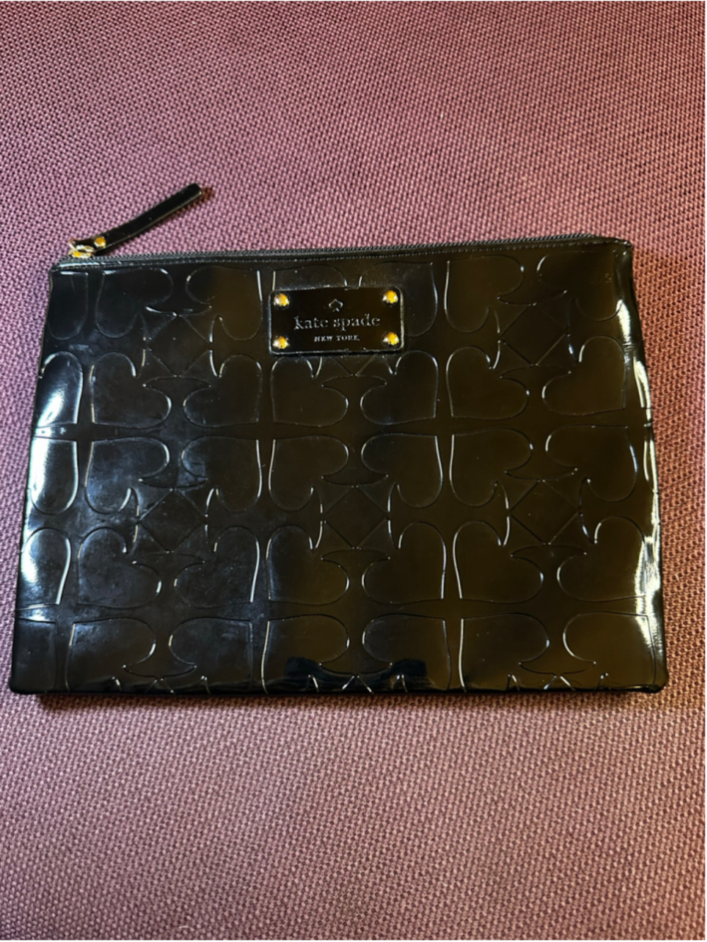 Kate Spade Black Patent Leather Spade Pattern Zip Clutch